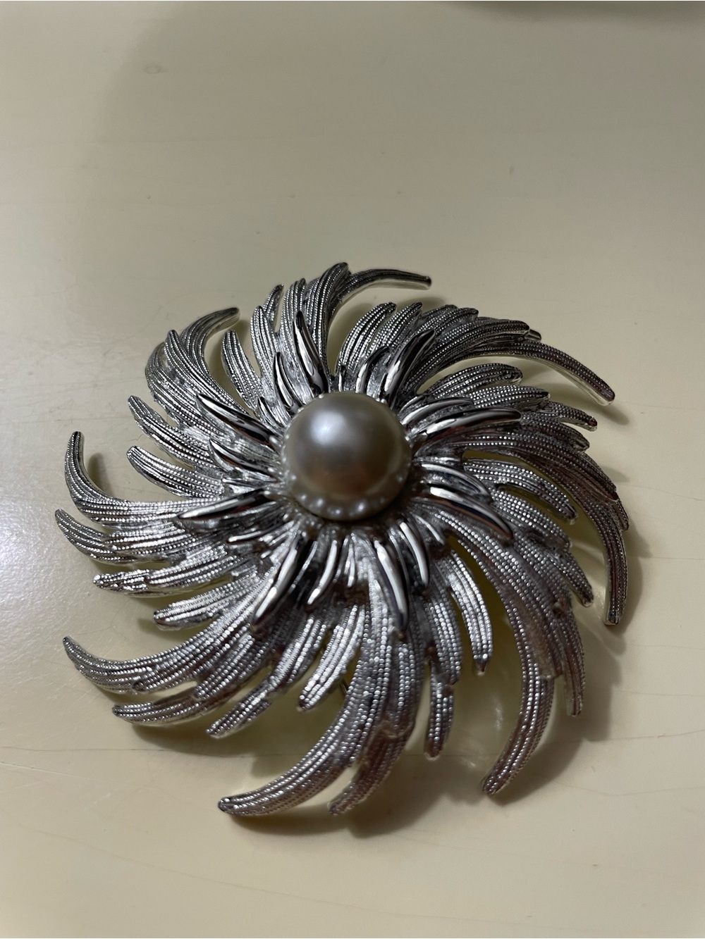 Sarah Coventry Silver Floral Swirl Brooch with Pearl Center